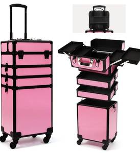 lot 23041 image: Particle Rolling Makeup Train Case Professional Cosmetic Trolley Large Storage Organizer with Key Swivel Wheels Salon Barber Case - Pink