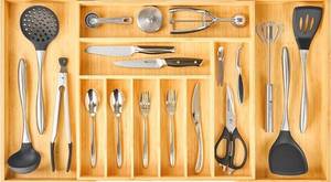 lot 26435 image: Umilife Extra Large Expandable Kitchen Drawer Organizer for Utensil and Junk, 19 Deep for Big Drawer, 19 to 33 Adjustable Bamboo Wood Drawer Divider, Cutlery Tray, Flatware Holder