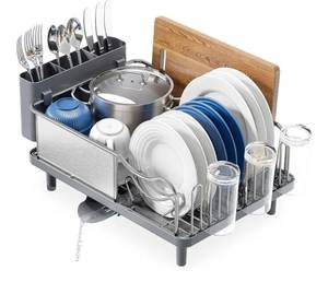 lot 26448 image: Stainless Steel Dish Drying Rack - Large Capcity 304 Grade Dish Drainer for Kitchen Counter with Drain Board, Utensil Holder & Detachable Cup Shelf, Rustproof Multifunctional Organizer
