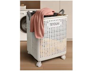 lot 31603 image: 67L Rolling Plastic Collapsible Laundry Basket Cube Storage Bin Box Organizer with Wheels Handle Durable Ventilated Foldable Hamper for Bedroom Dirty Clothes Large Capacity