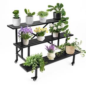 lot 31605 image: 3-Tier Sturdy Metal Plant Stand with Wheels, Heavy-Duty Plant Holder Shelf, Space-Saving Garden Display Rack, 660 lb Capacity, 45.67L x 26W x 23.6H