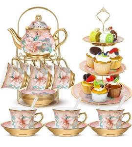 lot 31611 image: 21pcs Porcelain Teapot Parties Set with Metal Holder and Cupcake Stand Ceramic Tea Pot Cups Saucers Cupcake Tier Tower for Women Girls European Parties Weddings Gifts(Pink,Spring)