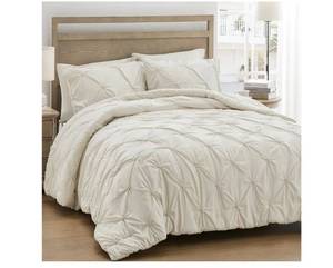 lot 31617 image: UNIKOME Queen Comforter Set Beige - Lightweight Soft Pintuck Cream Down Alternative Bedding Set for Autumn, All Seasons, 3 Pieces Pinch Pleat Solid Bed Set with Comforter, 2 Pillowcases