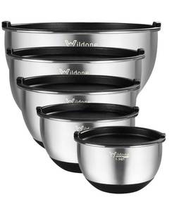 lot 31620 image: Wildone Mixing Bowls with Airtight Lids, Stainless Steel Nesting Mixing Bowls Set of 5, with Non-slip Silicone Bottoms, Size 8, 5, 3, 2, 1.5 QT, Stackable Design, Great for Mixing and Prepping