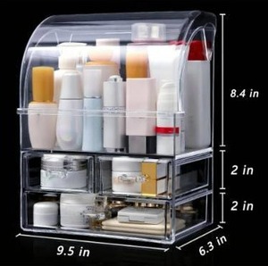 lot 31625 image: Large Acrylic Makeup Organizer With Lid Portable Dustproof And Waterproof Cosmetic Storage Drawers Box For Women (Clear, 12.5in x 9.5in x 6.3in)