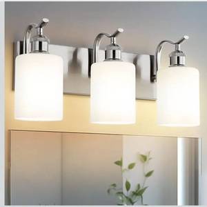 lot 31627 image: Milk Glass Bathroom Light, 3-Light Vanity Light Fixture, Brushed Nickel Wall Sconce, VL01BNW-3