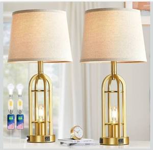 lot 31628 image: Gold Table Lamps for Living Room Set of 2 - Modern Farmhouse Bedside Lamps for Bedroom Night Stands with Nightlight and USB AC, Industrial Lamp for Living Room End Tables