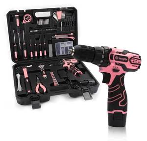 lot 31652 image: YOUGFIN Pink Drill Set for Women, Tool Kit with Drill 12V or Home Office Repairing & Improvement, Household Drill Set Power Tool with Pink Tool Box 195 Pieces
