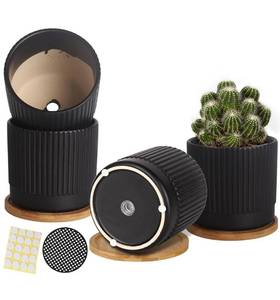 lot 31655 image: 5.5 Inch Ceramic Plant Pots with Drainage Holes and Trays, Creative Gear Stripe Flower Planter Pot with Bamboo Saucers for Indoor Plants, Succulent, Snake Plants, Cactus & Herbs, Black, Set of 4