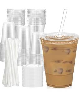 lot 31659 image: 100 Pack - 16 oz Clear Plastic Cups with Lids and Straws, Sturdy & Food Safe Iced Coffee Cups with lids, Disposable Plastic Smoothie Cups for Cold Drinks