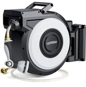 lot 31683 image: Tuyeho Retractable Garden Hose Reel 100FT, Wall Mount Heavy Duty Water Hose Reels with Automatic Slow Rewind System, Outdoor Hoses Reel with 2 Hose Nozzles for Garden Watering, Car Wash, Pet Shower