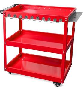 lot 31687 image: 3-Tier Rolling Tool Cart, Metal Rolling Cart with Side Hooks Wheels, 330LBS Heavy Duty Utility Carts, Handle Rolling Mechanic Tool Cart Storage Organizer for Warehouse Garage