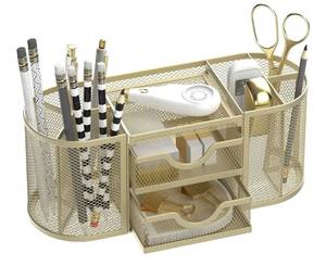 lot 41576 image: SUPEASY Mesh Desk Organizer, Desk Organizers and Accessories, Pen Holder with Drawers, Pencil Holder for Desk with 2 Drawer for Office Supplies, Golden yellow