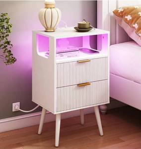 lot 41587 image: White Nightstand with Charging Station and LED Lights,Modern Bedside Table with 2 Storage Drawer and Open Wood Shelf, for Bedroom and Small Spaces,Night Stand with Solid Wood Legs,White