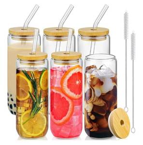 lot 41633 image: 20 Oz Drinking Glasses with Bamboo Lids and Glass Straw - 6 Pcs Glass Cups Beer Ice Coffee Glasses Cute Aesthetic Cup Great for Coffee Bar Accessories Include 2 Cleaning Brushes