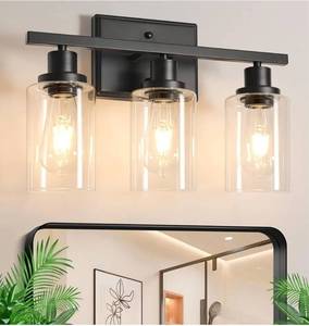 lot 41636 image: Ascher Bathroom Vanity Light Fixtures, 3 Light Wall Sconces Lighting with Clear Glass Shade, Black Wall Lights for Mirror, Kitchen, Living Room, Gallery, Hallway, E26 Base (Bulbs Not Included)