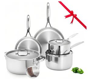 lot 41640 image: 5-Ply Stainless Steel Cookware Set,8-Piece,Professional Pots and Pans Set,650°F Safe cookware set for Even Heating, Premium Cookware for Induction, Gas,Electric,Oven - Retail $190
