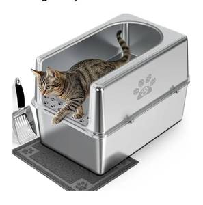 lot 41648 image: Enclosed Stainless Steel Cat Litter Box with Lid, XL Metal Litter Box for Big Cats, Extra Large Cat Toilet with High Side, Non-Stick, Anti-Leakage, Odorless, with Cats Litter Mat & Litter Scoop - Retail $100