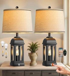 lot 41652 image: QiMH Table Lamp for Living Room, Farmhouse Lamps Set of 2 with USB AC and Nightlight, 26 Rustic Bedside Lamps with 3-Way Dimmable Touch Control Nightstand Lamp for Bedroom Decor Black