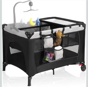 lot 41674 image: Pack and Play with Changing Table & Carry Bag, 4-in-1 Portable Crib Playpen for Newborn to Toddler, ASTM Certified Foldable Travel Crib with Bassinet(A-Black)