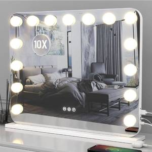 lot 41675 image: Vanity Mirror with Lights, 23x18 Hollywood Vanity Mirror with Lights 15 Dimmable LED Bulbs 3 Color Modes 10X Magnification USB Charging Port Tabletop or Wall-Mounted (White 23  18)