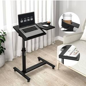 lot 41678 image: Panta Height Adjustable Rolling Laptop Stand, Overbed Table with 2 Tilting Desktops, Mobile Laptop Table for Couch with Cup Holder, Mobile Computer Workstation for Office, Home and Hospital