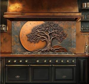 lot 41685 image: Roggmard Tempered Glass Kitchen Backsplash, Tree of Life Stove Back Top Cover, Splashback Tile, Kitchen Sink Cover Splash Guard, Home Kitchen Decor 30x24 - Retail $156