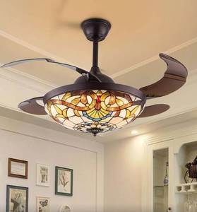 lot 41689 image: 42 Inch Tiffany Style Invisible Ceiling Fan with Lights and Remote Control,Retractable Reverse Blades 6 Speeds 3 Light Changes Fandelier Chandelier Fan,Quiet Motor,Indoor Ceiling Lighting Fixture - Retail $199