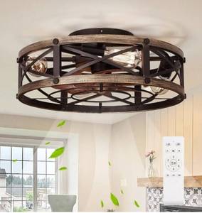 lot 60500 image: 19 Farmhouse Flush Mount Caged Ceiling Fans with Lights 6 Speeds Rustic Low Profile Ceiling Fan with Light and Remote Small Bladeless Ceiling Fans with Lights