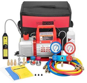 lot 60507 image: VIVOHOME 110V 13 HP 4CFM Single Stage Rotary Vane Air Vacuum Pump and AC Manifold Gauge Set Kit with Leak Detector for R134a R12 R22 R502 R410a HVAC Air Conditioning Refrigeration Recharging, Red