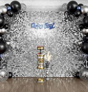 lot 60520 image: Qcity Silver Shimmer Wall Backdrop, Black Back Not See-Through Design, Square Sequin Glitter Backdrop Panel,
