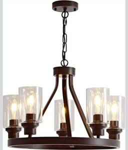 lot 60531 image: Farmhouse Chandelier Lighting Round 5 Lights Oil Rubbed Bronze with Glass Shade Ceiling Hanging Vintage Rustic Light Fixture for Dining Room Living Room Foyer Porch Kitchen Island