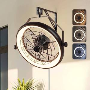 lot 60537 image: Wall Mounted Fan with Lights, 23 Wall Mount Fan with Remote, 6 Speeds Plug in Wall Fan, Reversible, 3CCT, Dimmable, Noiseless, 360°Adjustable Tilt for Workshop, Patio, Home
