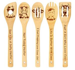 lot 50732 image: Cow Wooden Spoons for Cooking, Cow Gifts for Women, Cute Cow Kitchen Decor Cow Stuff, Engraved Non-stick Bamboo Cow Kitchen Accessories