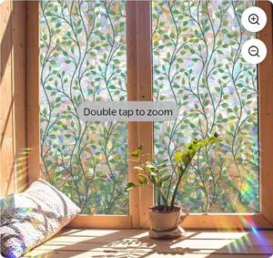 lot 50733 image: 39.4x17 Inch Plant Leaves Rainbow Window Privacy Film 3D Frosted Stained Window Glass Decorative Window Cling Non-Adhesive Static UV Resistant Decals Reusable Sun Blocking Sticker for Home