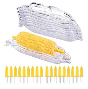 lot 50738 image: 9 Pack Plastic Corn Trays Transparent Corn Dishes with 18 Pieces Stainless Steel Corn Holders on the Cob Skewers Cob Dinnerware