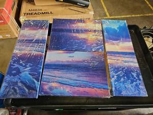 lot 50744 image: Water Art Print Painting Canvas Artwork Landscape Wave Ocean Beach Wall Art Framed Decoration Home Office Living Room Picture Decor 4 Panels (48W x 28H (16x12 x2pcs 8x24 x2pcs Dark Blue)