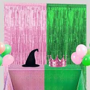 lot 50752 image: Lot of 2 Packages, Pink & Green Party Decorations, Foil Fringe Tinsel, Backdrop & Shiny Table Cover
