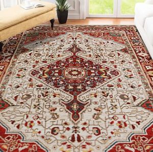 lot 50765 image: Washable Area Rug for Living Room, Soft Low Pile Floor Room Rug with Non-Slip Backing and Vintage Print for Bedroom, Colorful Machine Washable Carpet for Home Decor (Brick Red, 3x5)