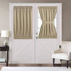 lot 50778 image: Aquazolax Back Door Curtains Set of 2, 54x40 Inch Privacy Blackout French Door Curtain, Thermal Insulated Door Window Coverings for Bedroom with Tiebacks, Khaki