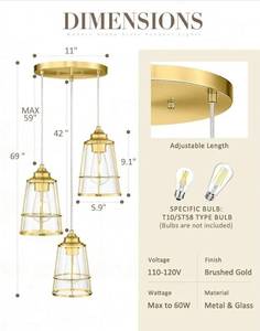 lot 50780 image: Gold Cluster Pendant Light Fixture, Modern Glass Hanging Light, 3-Light Cage Kitchen Island Lighting for Dining Room Living Room Laundry Entrance Foyer, PL108BG3