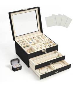 lot 50782 image: DreamGenius Jewelry Box for Women with Security Latch, 3-Layer Glass Lid Jewelry Organizer for Women with 2 Drawers for Earrings Organizer, Black