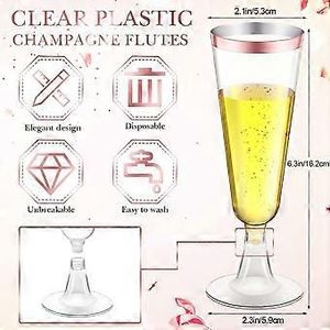 lot 50783 image: 70pc Glitter Plastic Classicware Glass Like, 4 Oz, Champagne Wedding, Parties, Toasting Flutes (Rose Gold Rimmed)