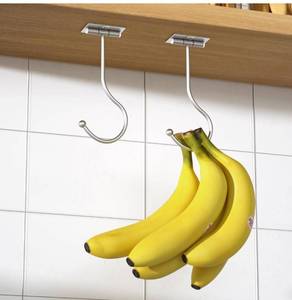 lot 50819 image: Modern Banana Hanger Hook Under Cabinet Adhesive Banana Holder, Foldable with Magnets When Not in Use, Under Counter Banana Hook, Stainless, Hold 13 LB, Silver, 2 Pack