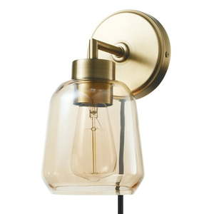 lot 29721 image: Globe Electric Salma 1-Light Matte Brass Plug-In or Hardwire Wall Sconce with Smoked Amber Glass Shade and In-Line OnOff Switch  51715 - Retail - $59.99
