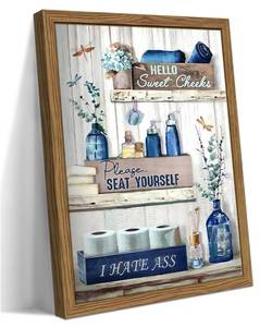 lot 29725 image: Bathroom Decor Wall Art, Framed Navy Blue Rustic Farmhouse Canvas Wall Decor Painting, Please Seat Yourself Sign Artwork Pictures Posters Prints for Bathroom 16x24In Dark Wood Frame