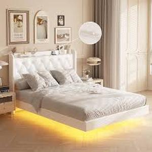 lot 29705 image: Floating Bed Frame with LED Lights, Hanging Upholstered Headboard - Retail - $439.99