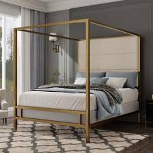 lot 29804 image: Canopy Bed with Tall Velvet Fabric Upholstered Headboard - Retail - $359.99