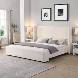 lot 29806 image: Isabella Upholstered White King Platform Bed Frame With Headboard