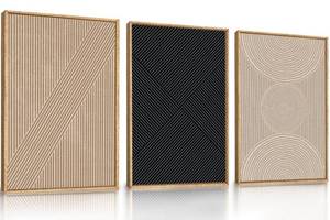 lot 100095 image: FACTORY SEALED - Ausril 3 Pcs Neutral Abstract Framed Wall Art, Mid Century Modern Canvas Wall Decor, Boho Geometric Line Wall Painting, Beige Minimalist Textured Art Print for Living Room Bedroom Office - 16x24inch